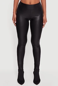 Womens Faux Leather Mid Rise Leggings, Black,