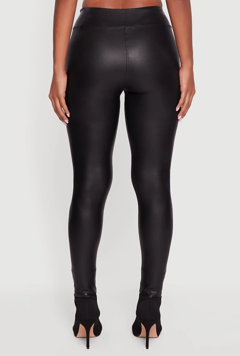 Womens Faux Leather Mid Rise Leggings, Black, Size L
