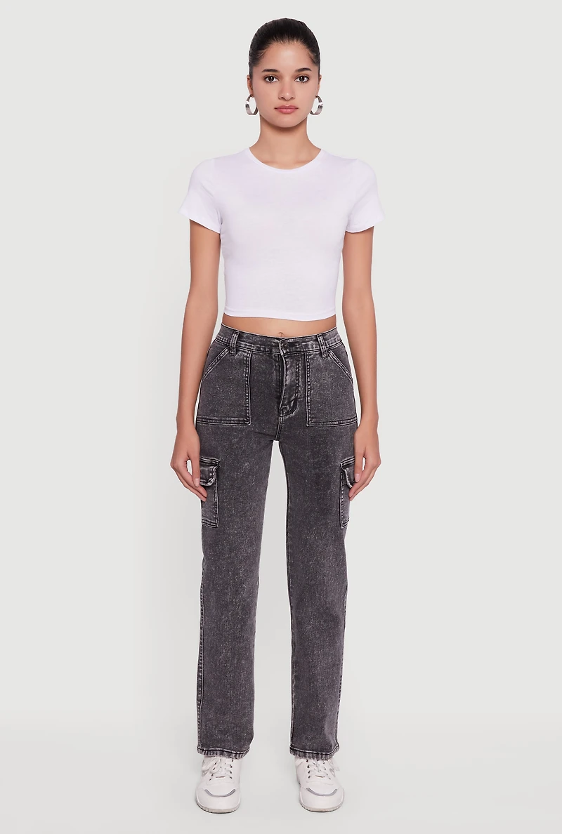 Womens High Waisted Straight Leg Acid Wash Jeans, Black,