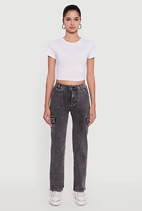 Womens High Waisted Straight Leg Acid Wash Jeans, Black,