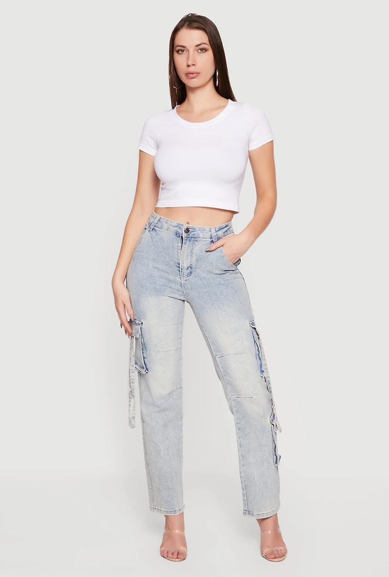 High Waisted Cargo Pocket Acid Wash Jeans