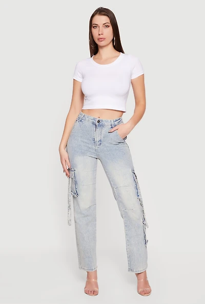 High Waisted Cargo Pocket Acid Wash Jeans