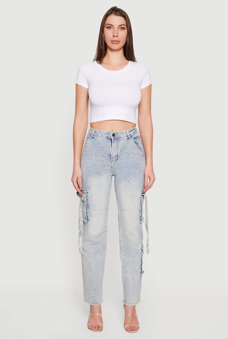 High Waisted Cargo Pocket Acid Wash Jeans