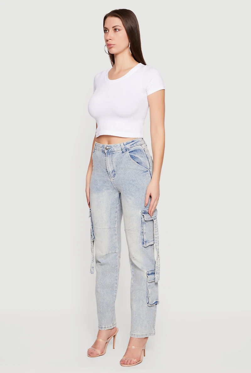 High Waisted Cargo Pocket Acid Wash Jeans
