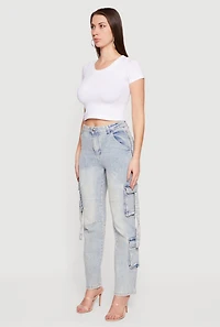 High Waisted Cargo Pocket Acid Wash Jeans