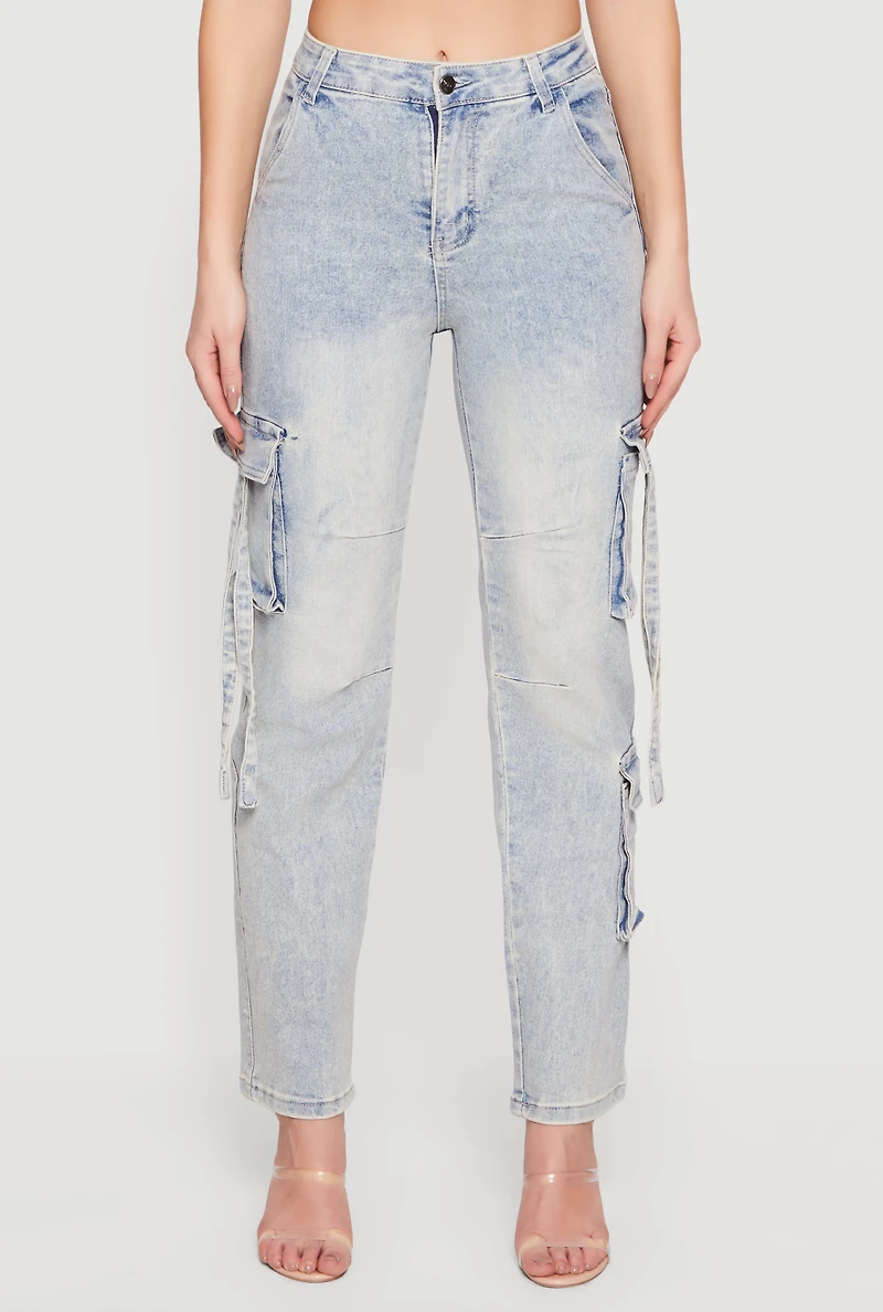 Womens High Waisted Cargo Pocket Acid Wash Jeans, Blue, Size 7-8
