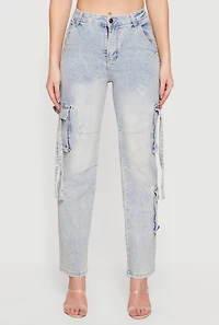 Womens High Waisted Cargo Pocket Acid Wash Jeans, Blue, Size 7-8