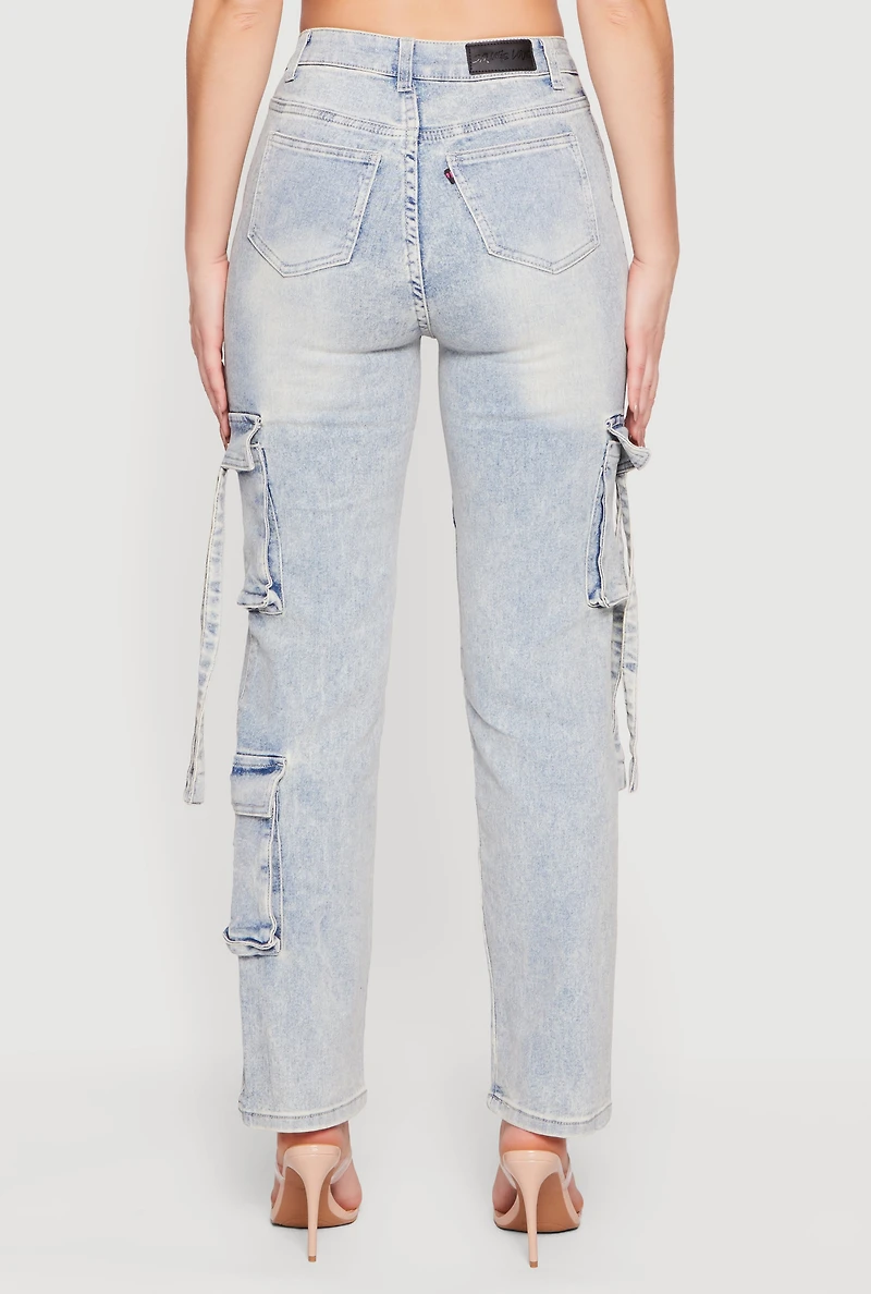 High Waisted Cargo Pocket Acid Wash Jeans