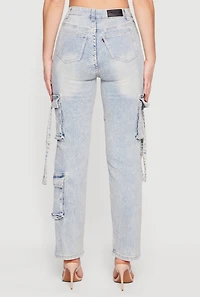 High Waisted Cargo Pocket Acid Wash Jeans