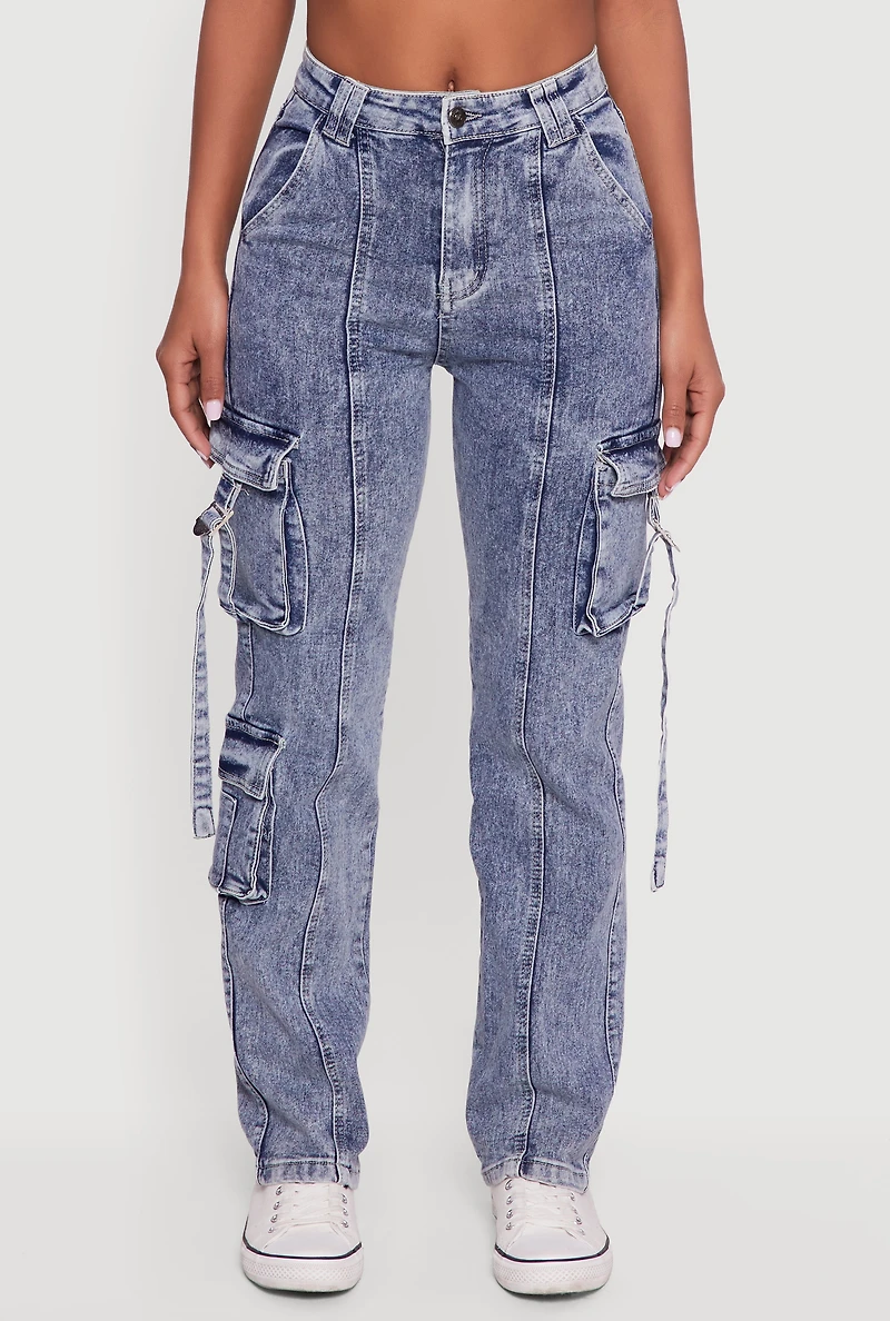 Womens Acid Wash Pintuck Slim Leg Utility Jeans, Blue,