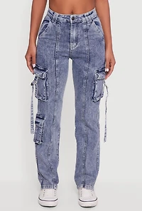 Womens Acid Wash Pintuck Slim Leg Utility Jeans, Blue,