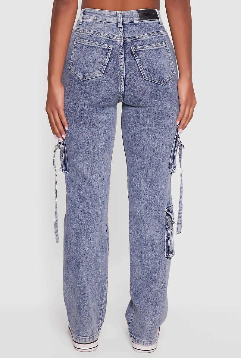 Acid Wash Pintuck Slim Leg Utility Jeans