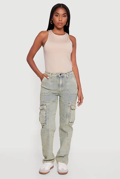 Womens High Waisted Acid Wash Straight Leg Cargo Jeans, Green,