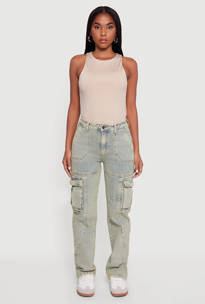 Womens High Waisted Acid Wash Straight Leg Cargo Jeans, Green,