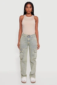 Womens High Waisted Acid Wash Straight Leg Cargo Jeans, Green,