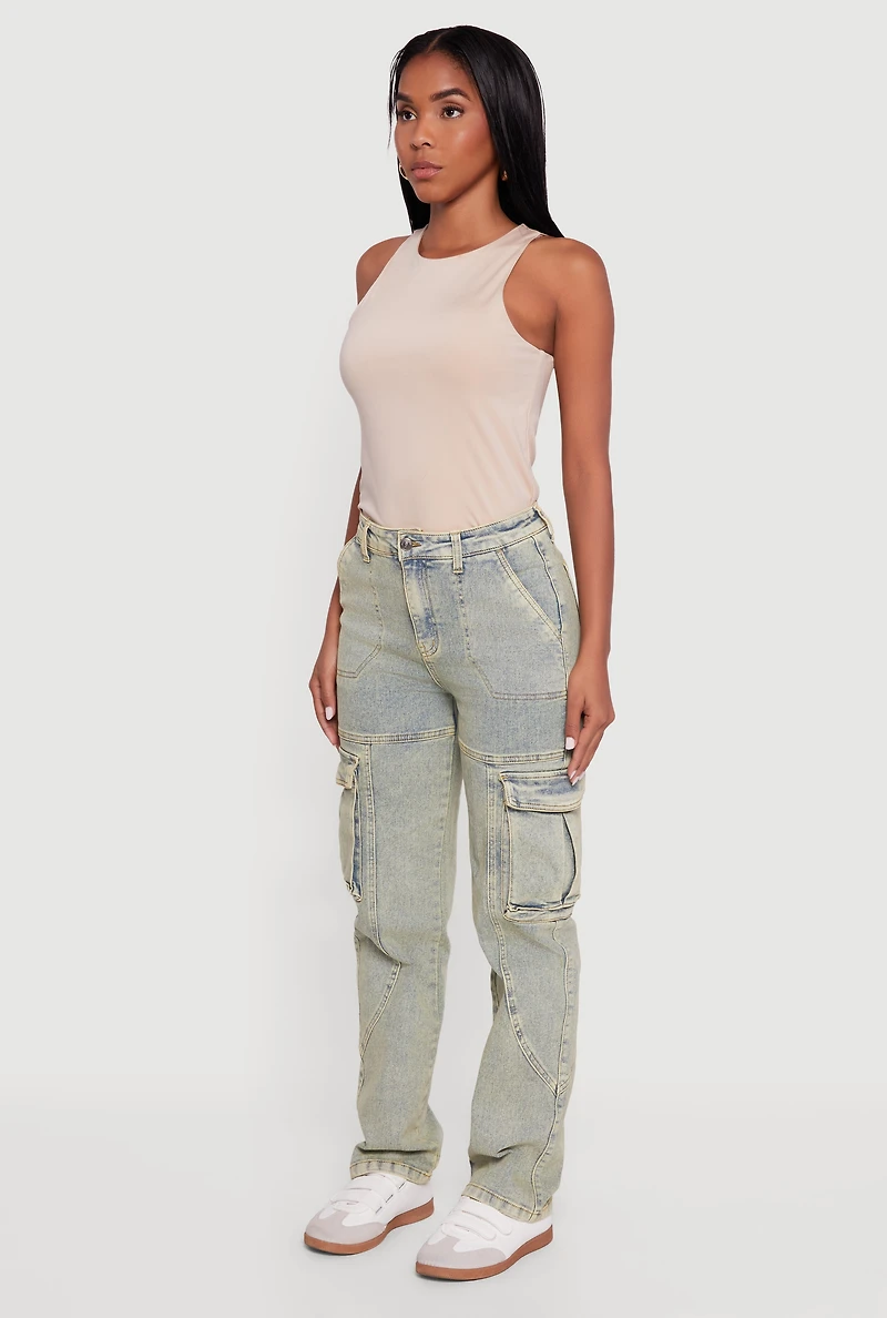 Womens High Waisted Acid Wash Straight Leg Cargo Jeans, Green,