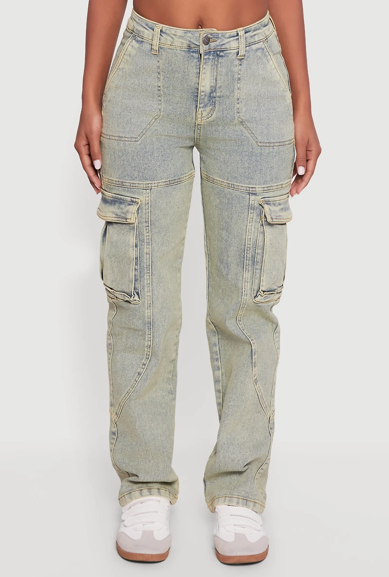 Womens High Waisted Acid Wash Straight Leg Cargo Jeans, Green,