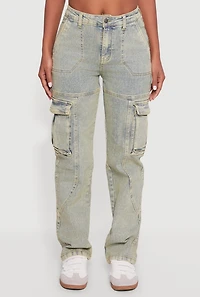 Womens High Waisted Acid Wash Straight Leg Cargo Jeans, Green,