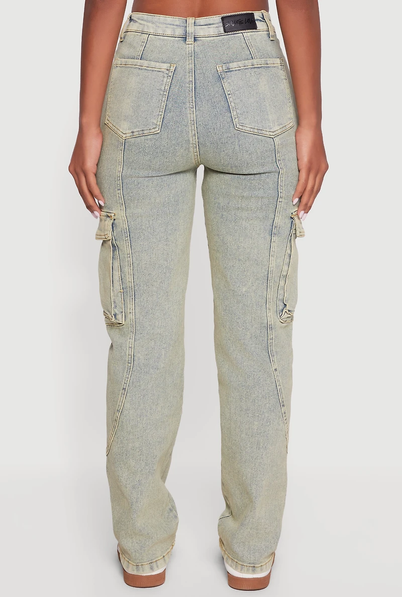 Womens High Waisted Acid Wash Straight Leg Cargo Jeans, Green,