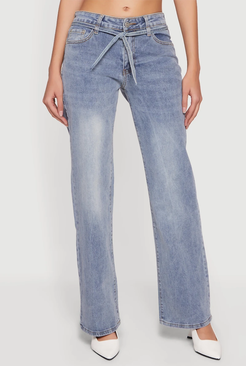 Mid Rise Tie Waist Belted Jeans