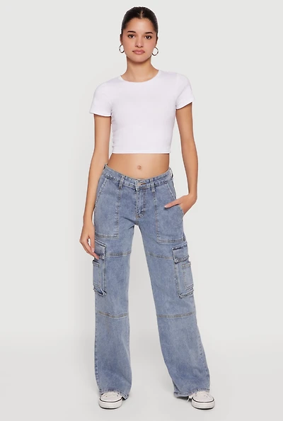 Mid Rise Wide Leg Acid Wash Cargo Jeans
