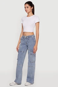 Mid Rise Wide Leg Acid Wash Cargo Jeans