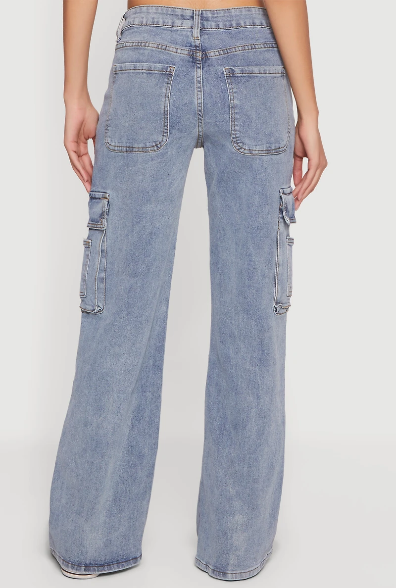 Mid Rise Wide Leg Acid Wash Cargo Jeans
