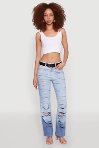 Womens Ombre Slashed Straight Leg Jeans, Blue,
