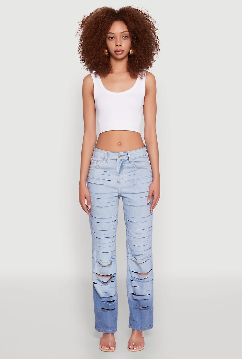 Womens Ombre Slashed Straight Leg Jeans, Blue, Size 7