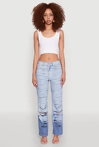 Womens Ombre Slashed Straight Leg Jeans, Blue, Size 9