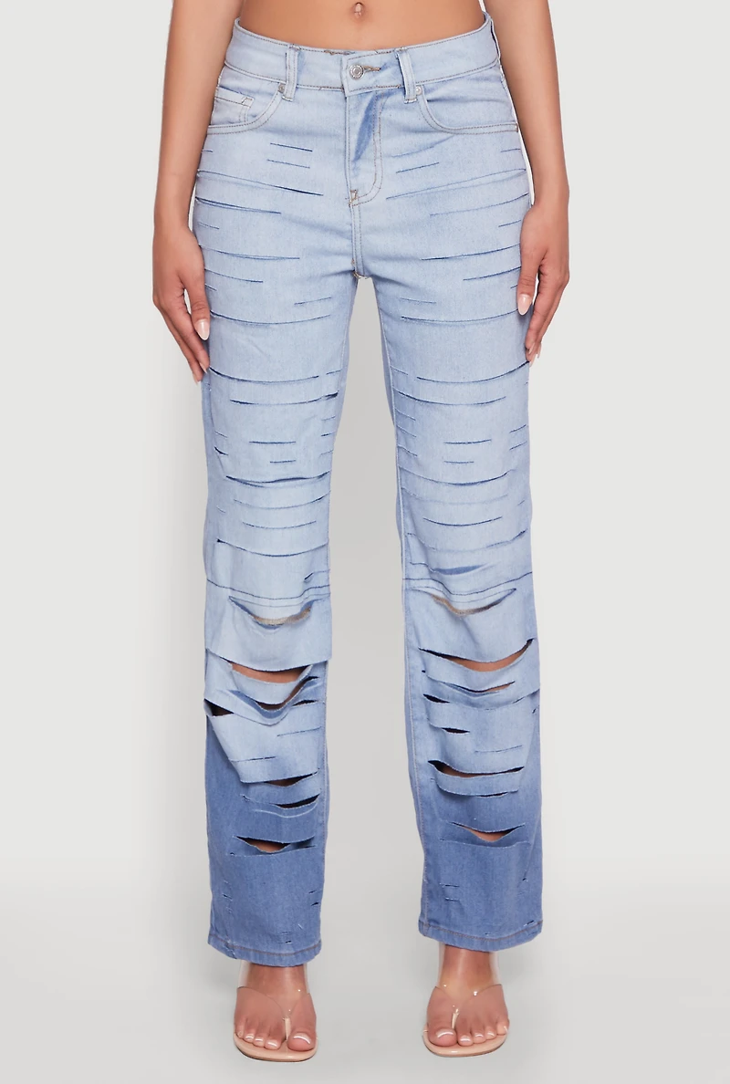 Womens Ombre Slashed Straight Leg Jeans, Blue, Size 7