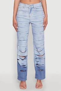 Womens Ombre Slashed Straight Leg Jeans, Blue, Size 7