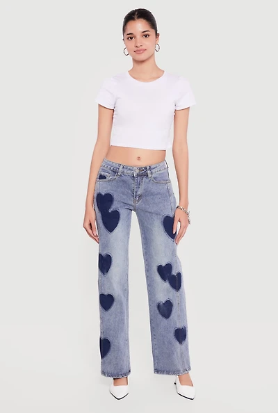 Heart Print Acid Wash Wide Leg Jeans