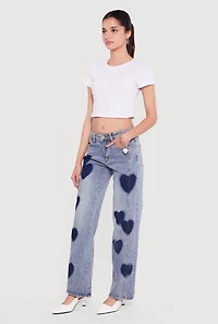 Heart Print Acid Wash Wide Leg Jeans