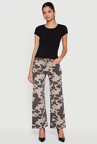Cow Print Tie Waist Belted Wide Leg Pants