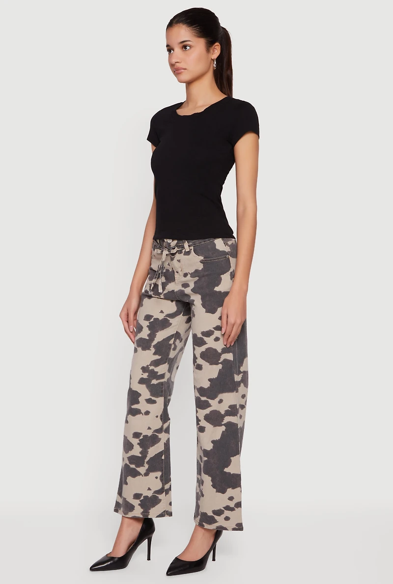 Cow Print Tie Waist Belted Wide Leg Pants