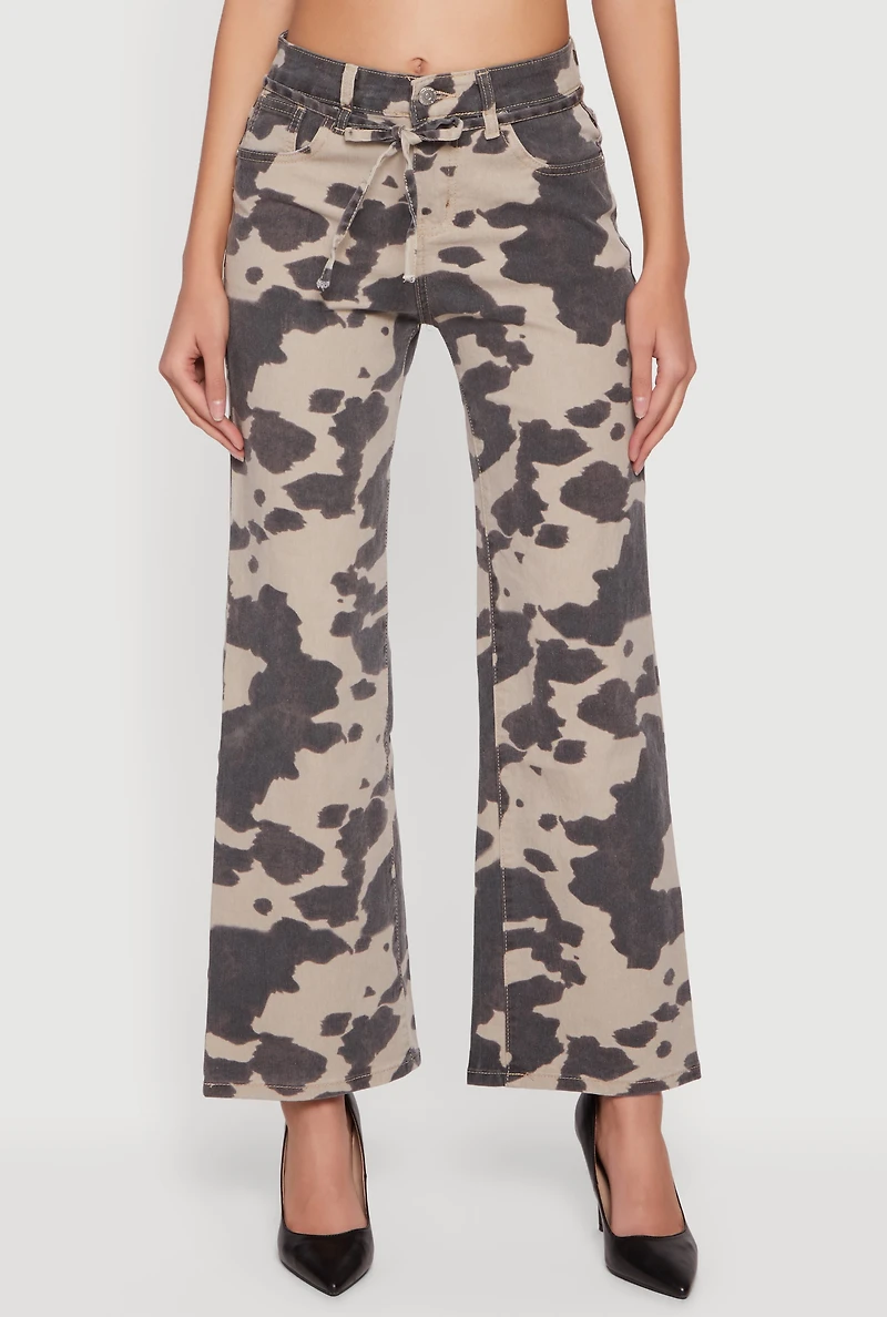 Cow Print Tie Waist Belted Wide Leg Pants