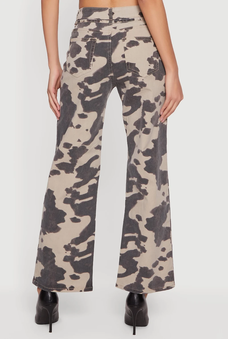 Cow Print Tie Waist Belted Wide Leg Pants