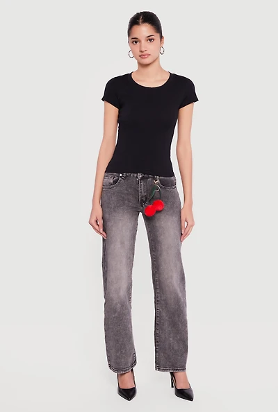 Trendy Acid Wash Jeans with Cherry Keychain Included