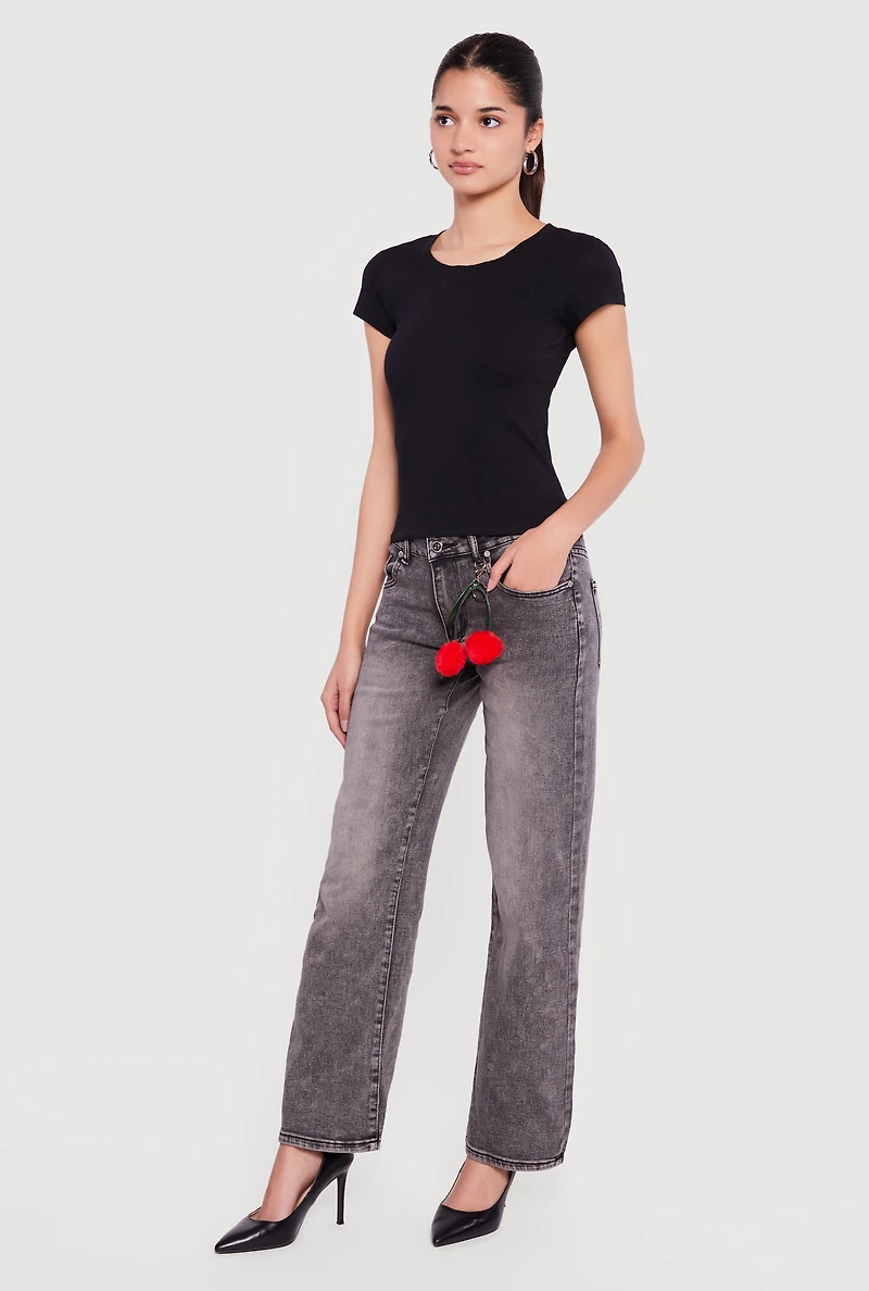 Trendy Acid Wash Jeans with Cherry Keychain Included