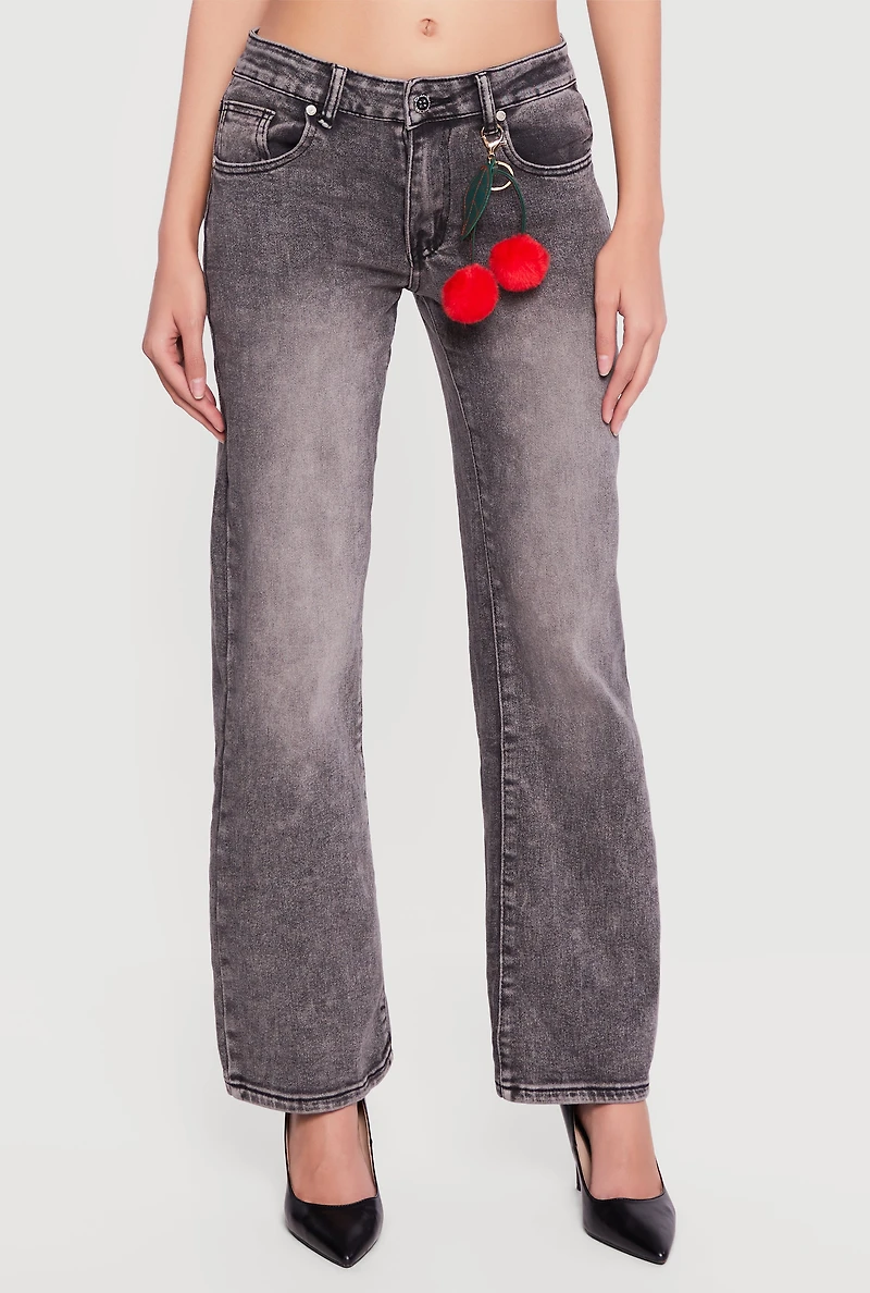 Trendy Acid Wash Jeans with Cherry Keychain Included