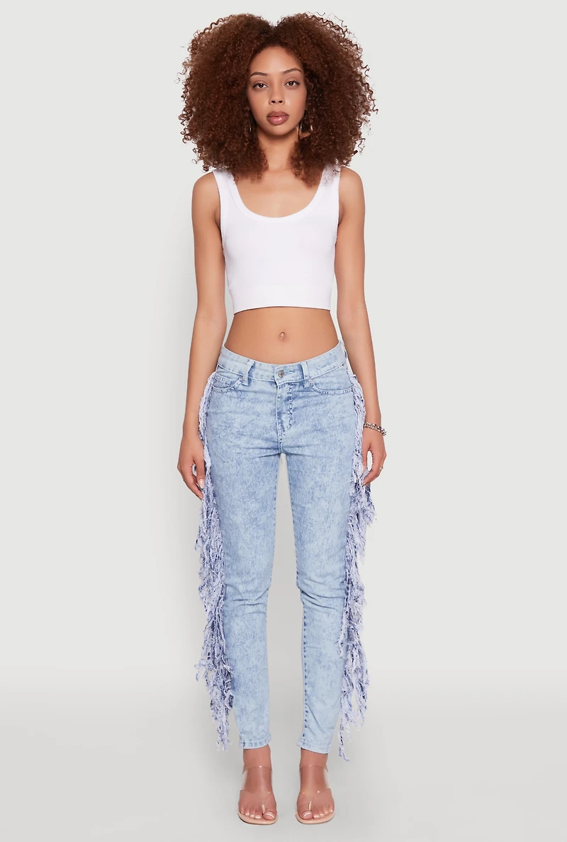 Womens Mineral Wash Fringe Jeans, Blue, Size 9