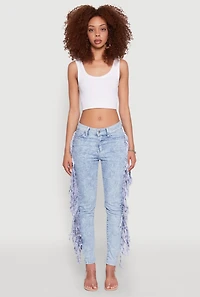Womens Mineral Wash Fringe Jeans, Blue, Size 9