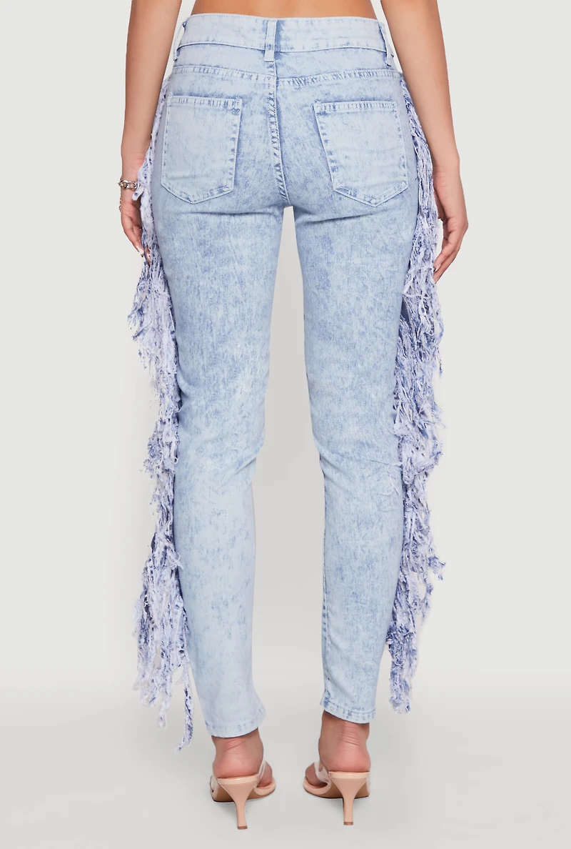 Womens Mineral Wash Fringe Jeans, Blue, Size 9