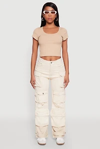 Womens Daisy Mineral Wash Multi Pocket Cargo Jeans, Khaki, Size M
