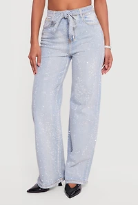High Waisted Tie Waist Belted Rhinestone Studded Jeans