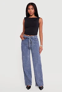 High Waisted Tie Waist Belted Rhinestone Studded Jeans