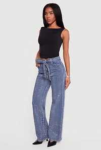 High Waisted Tie Waist Belted Rhinestone Studded Jeans