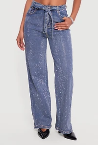 High Waisted Tie Waist Belted Rhinestone Studded Jeans
