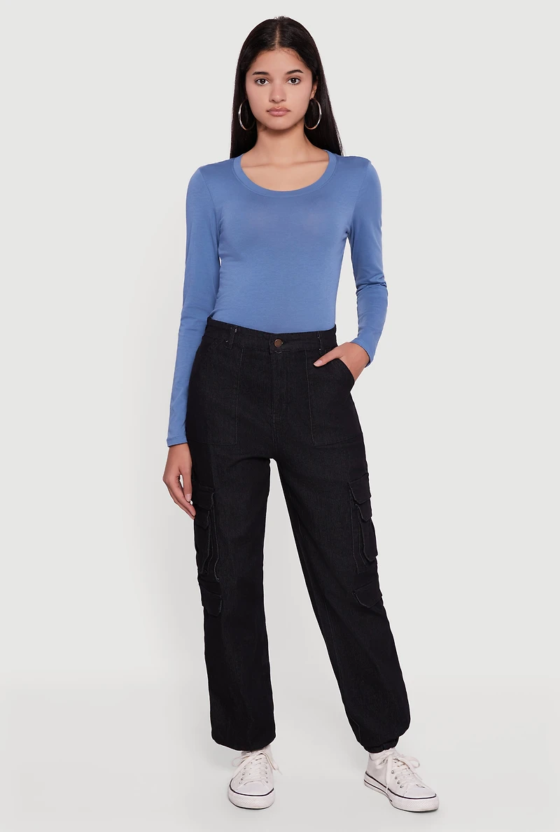 Womens Solid Denim Cargo Joggers, Black, Size L